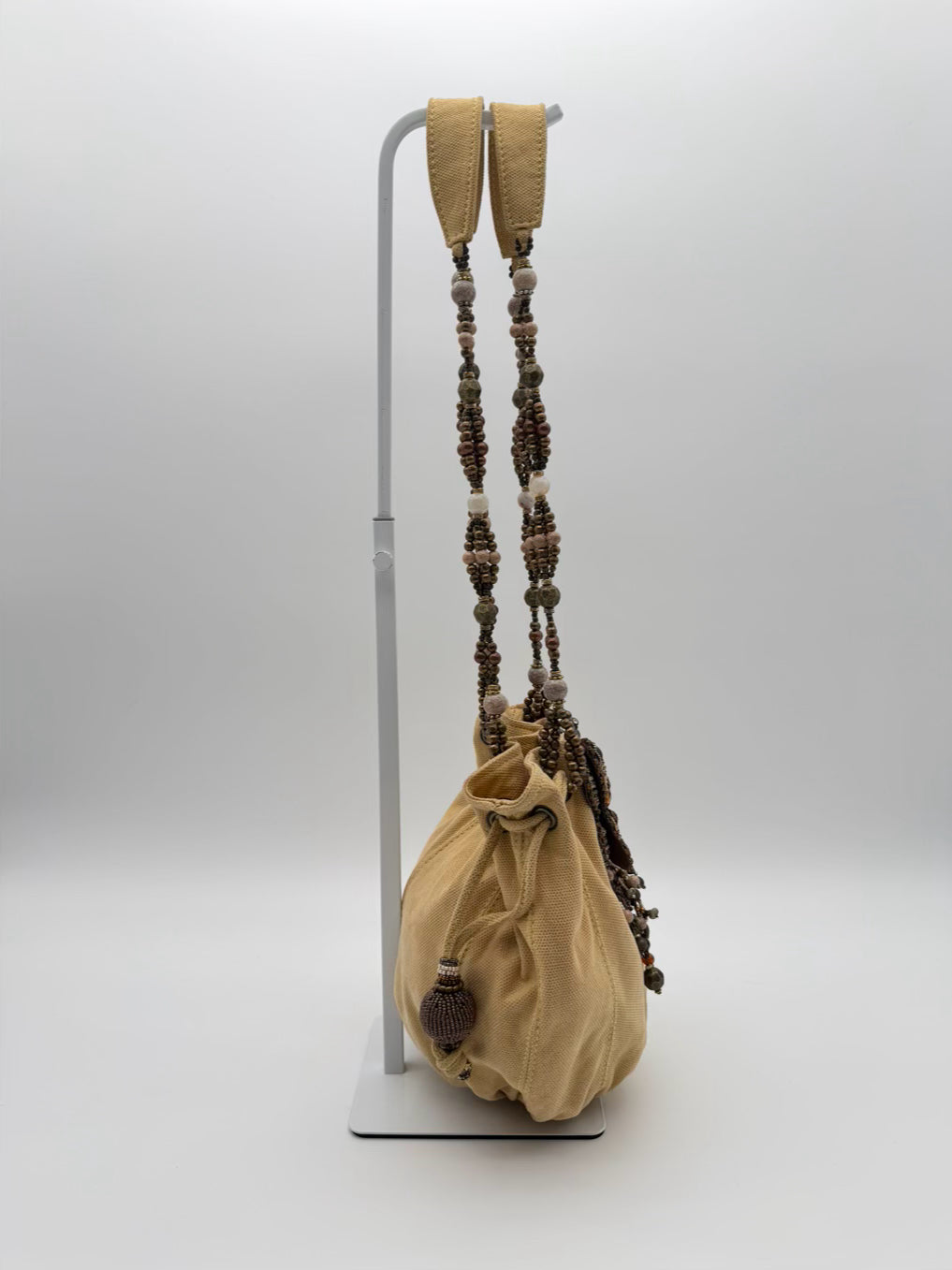 MARY FRANCES Flustered Beige Beaded Butterfly Drawstring Bucket Bag