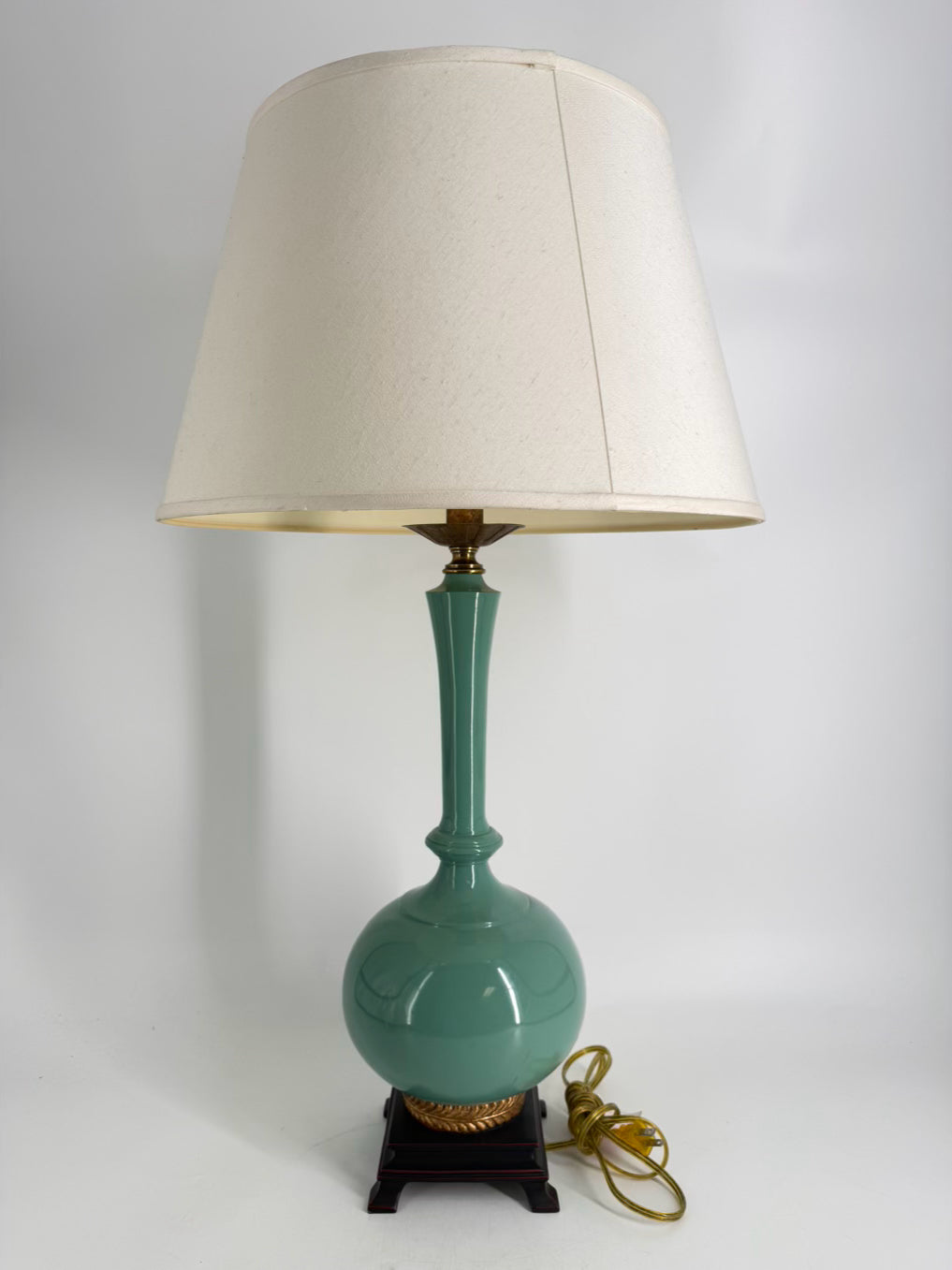 Aqua Lamp w/ Wood & Brass Like Base Detail & Shade