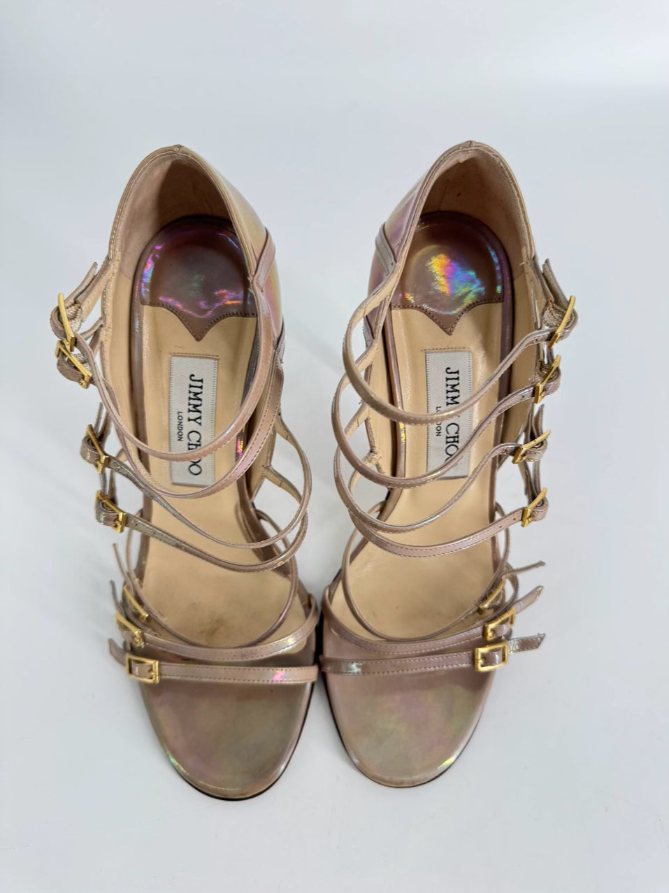 JIMMY CHOO Size 37.5 Metallic Iridescent Leather Atlas Gladiator Pumps