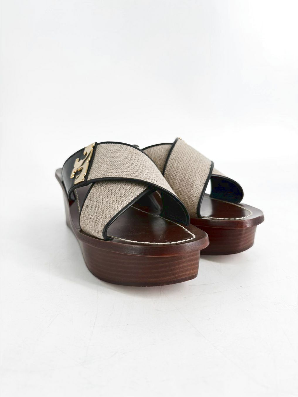 TORY BURCH Size WMNS 8.5 Black & Beige Canvas and Leather Platform Slide Sandals