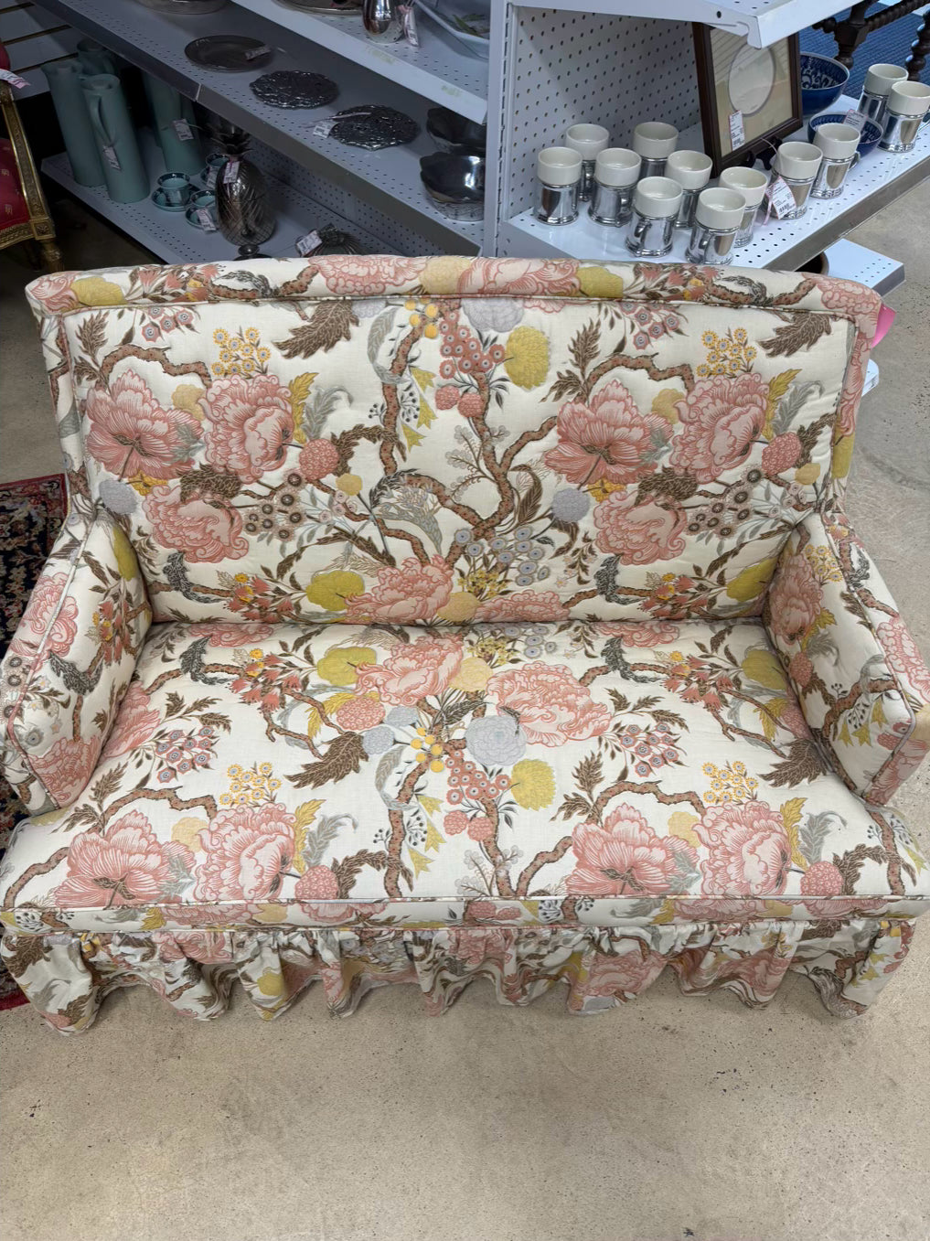VINTAGE Cream, Shrimp & Tan Floral Quilted Love Seat