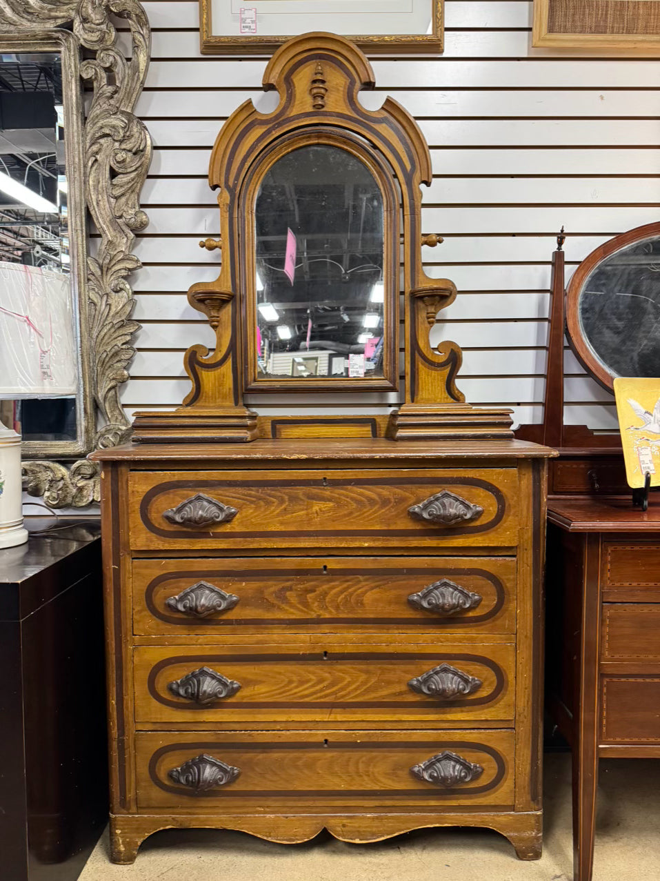 ANTIQUE Wood Dresser w/ Smoky Mirror