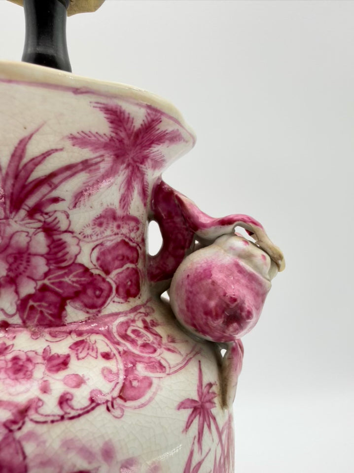 Pink & White Chinoiserie Porcelain Jar Lamp On Brown Wooden Base