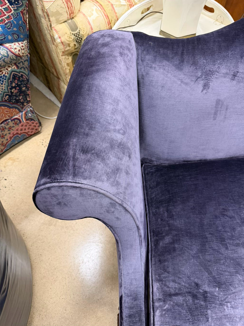 VINTAGE Wood Ball & Claw Love Seat w/ Purple Velveteen Fabric