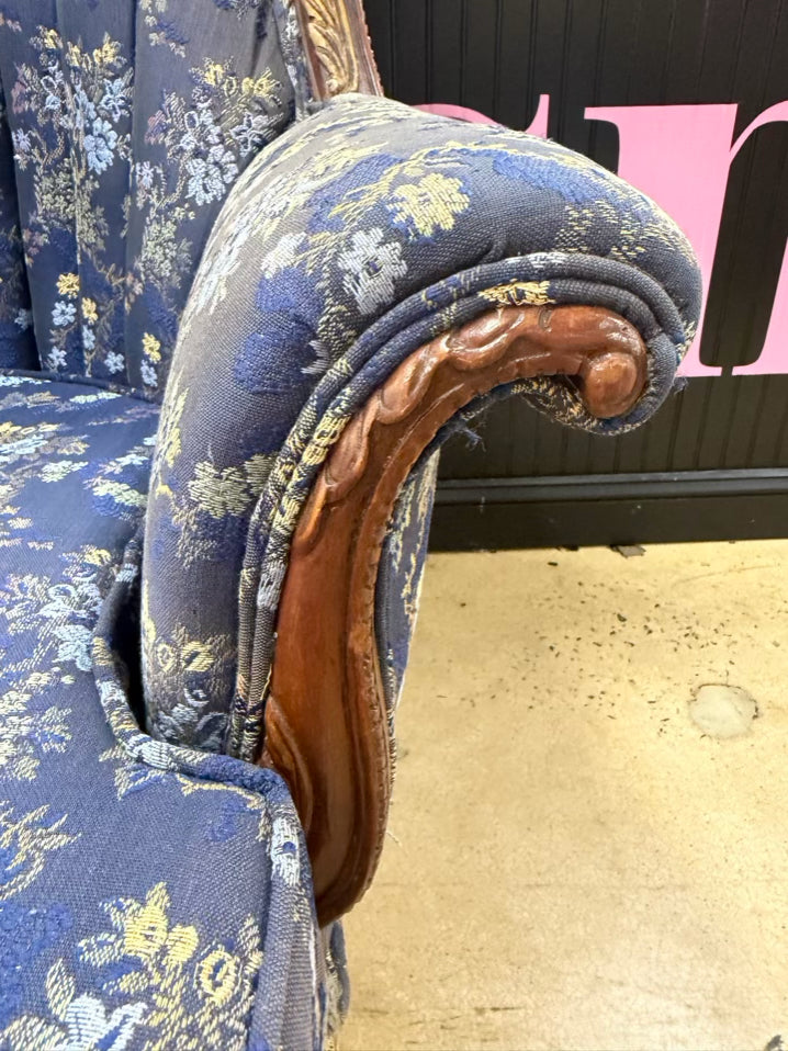 HOLLYWOOD REGENCY Blue, Yellow & Pink Carved Barrel Back Chair