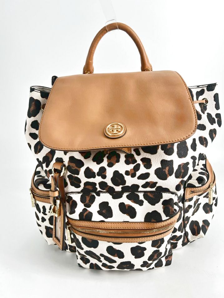 TORY BURCH White & Brown Animal Print Leather Backpack
