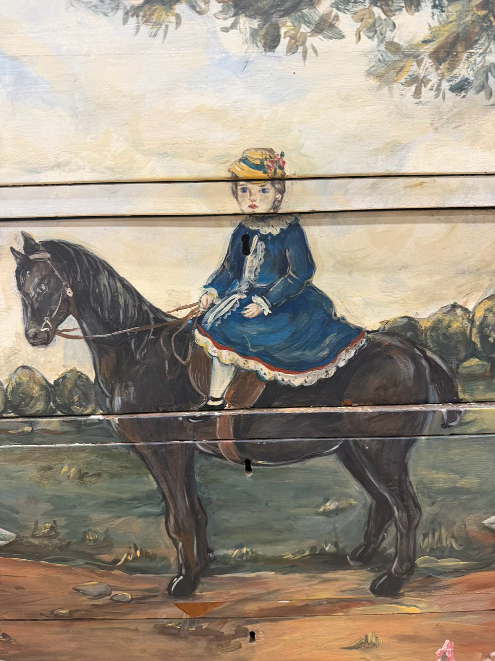 VINTAGE Painted Wood Girl On Horse 3 Drawer Chest