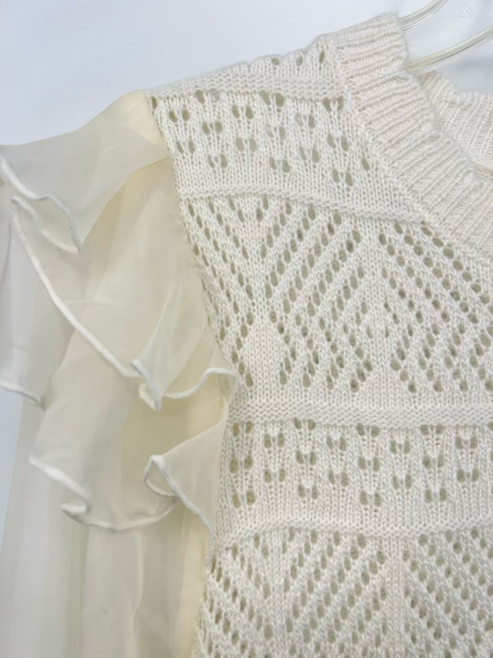CHRISTY LYNN Size M Ivory Sheer Scallop Ruffle Sweater NWT