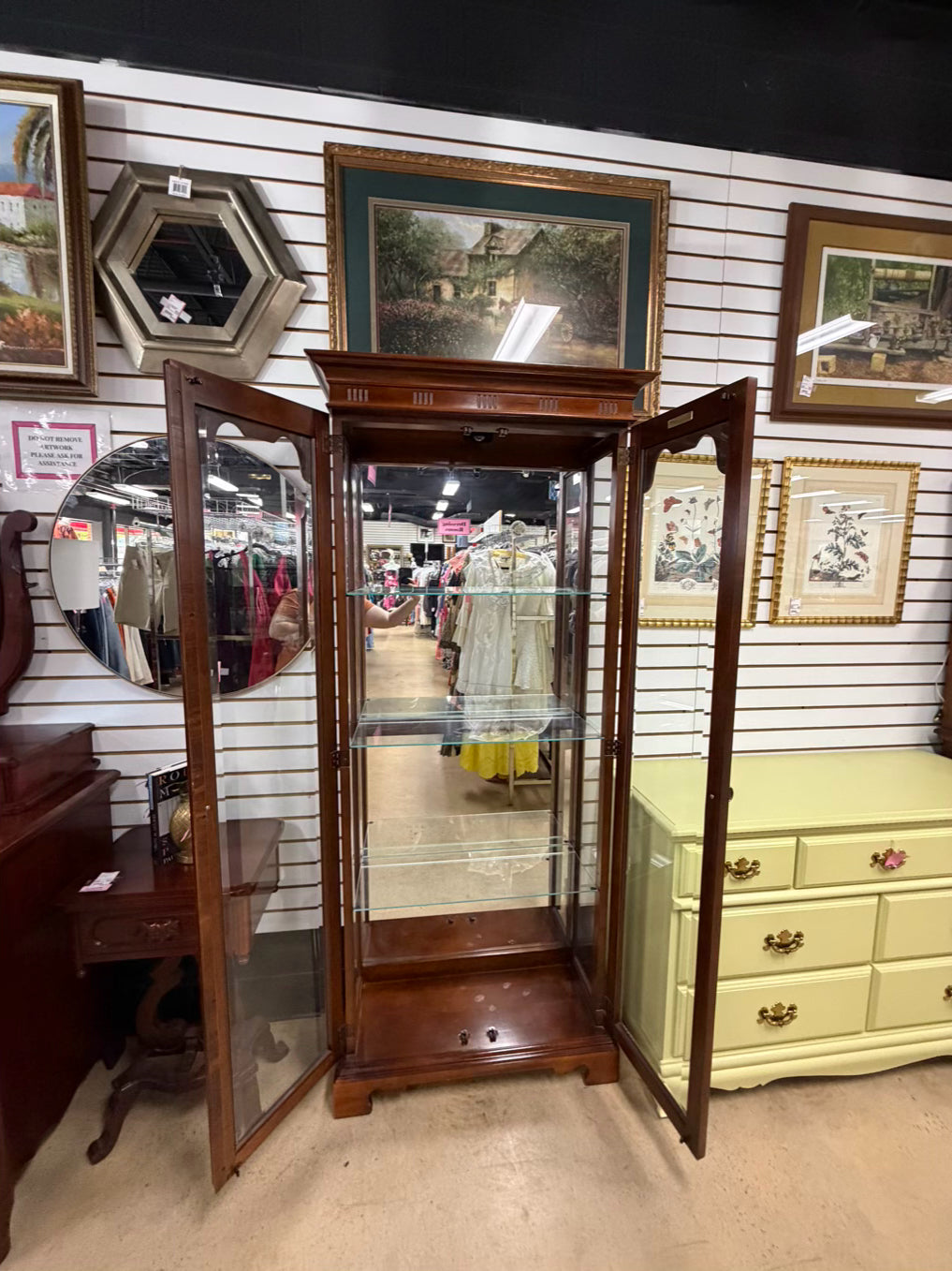 AMERICAN MARTINSVILLE Wood Display Case w/ Light & Glass Shelves