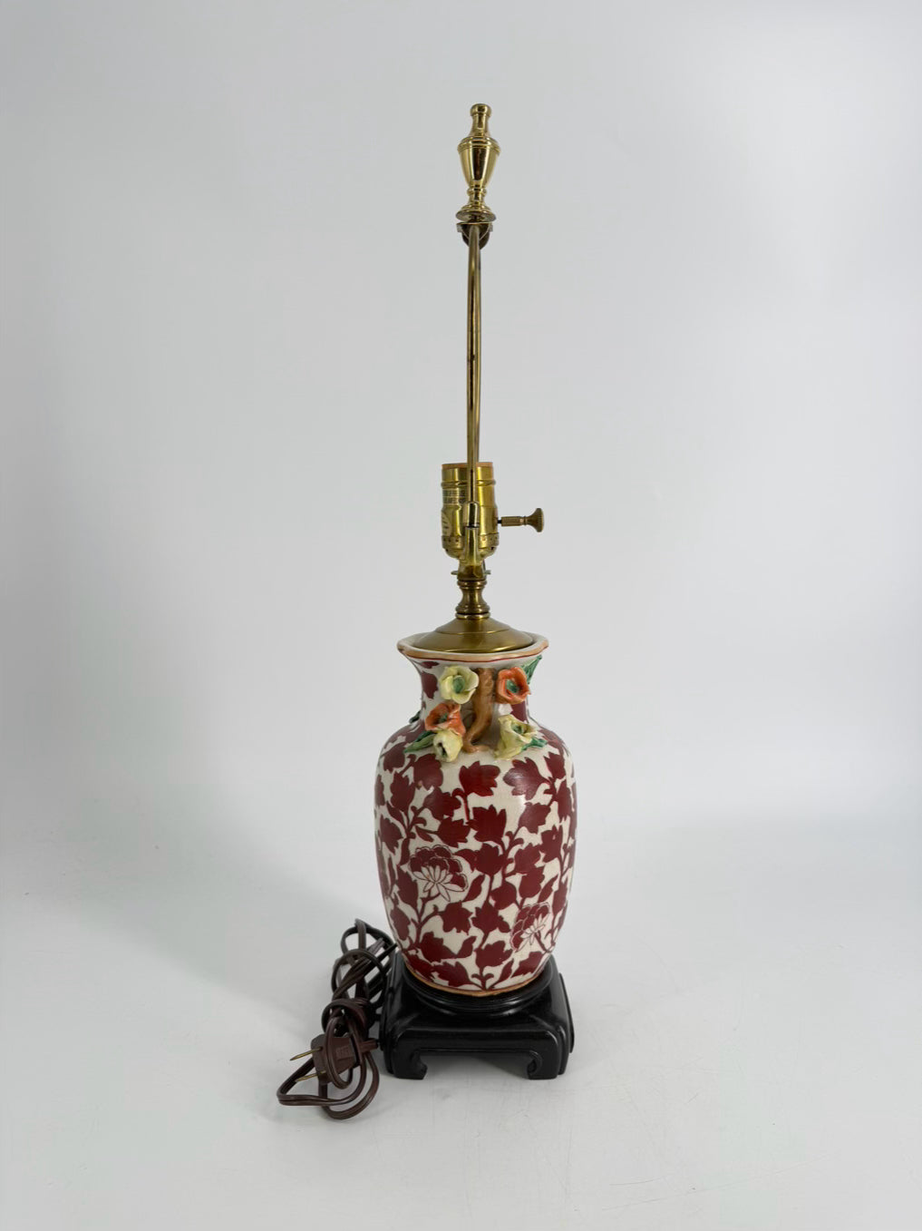 VINTAGE  Rust & Cream Ceramic Lamp w/ Flower Detail On Sides No Shade
