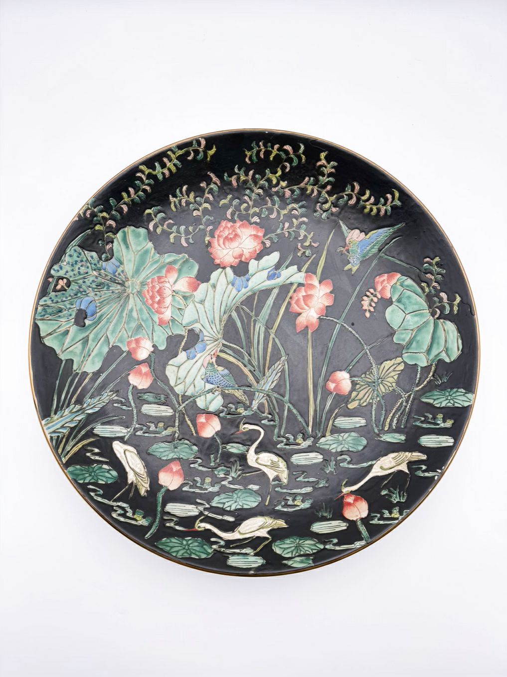 CHINOISENE Porcelain Green & Black Large Shallow Bowl w/ Lotus Pond Scene