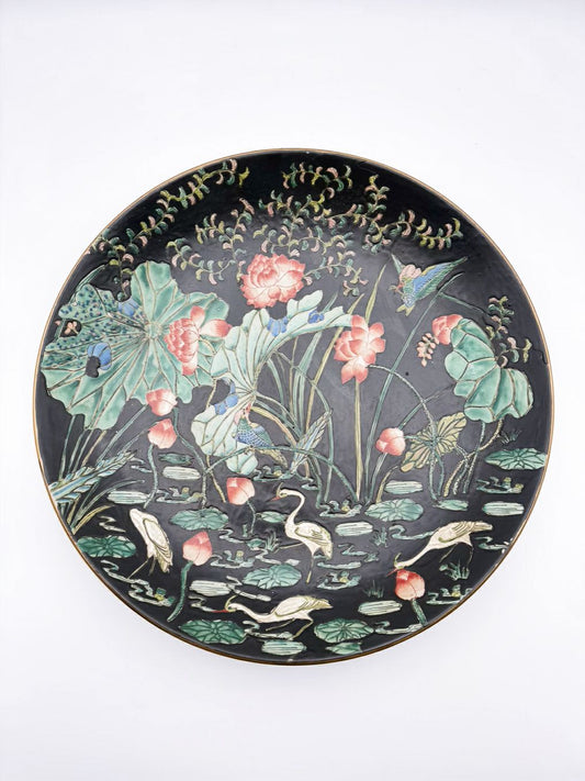 CHINOISENE Porcelain Green & Black Large Shallow Bowl w/ Lotus Pond Scene