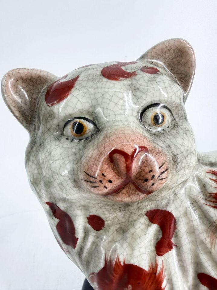 Rust, Cream & Navy Staffordshire Style Porcelain Pair of Cat Figurines