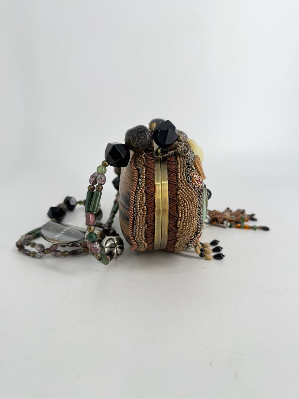MARY FRANCES Beaded Tan, Brown & Teal Carmel Macchiato Gemstone Purse NWT
