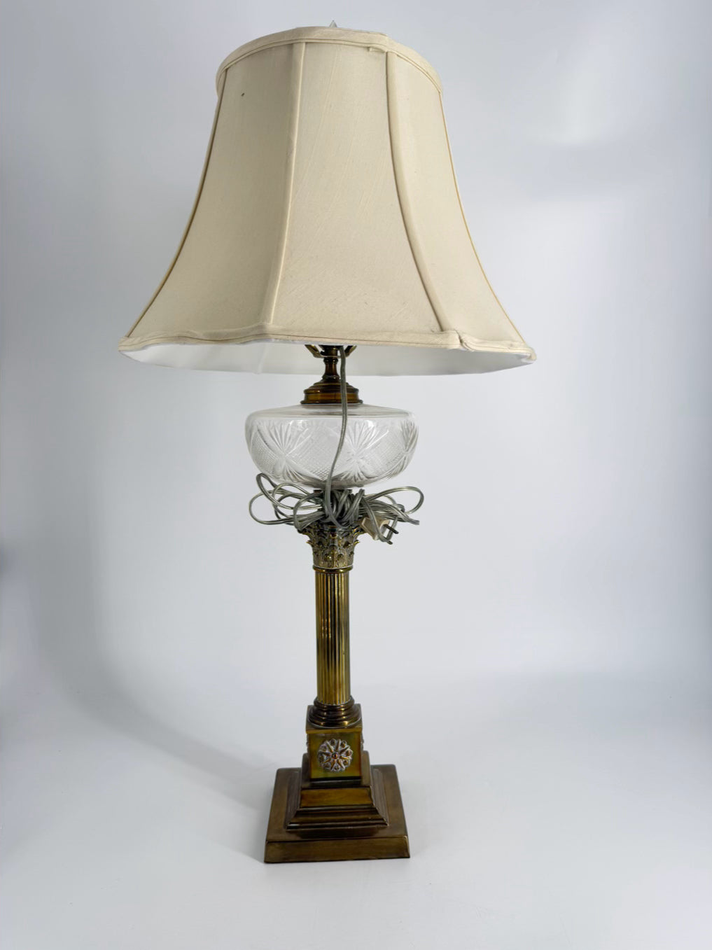 VINTAGE Glass & Brass Column Lamp w/ Shade