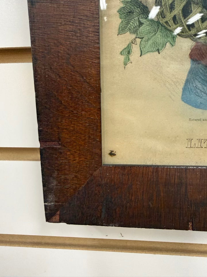 CURRIER & IVES Hand Colored Little Fruit Bearer Lithograph In ANTIQUE Brown Frame