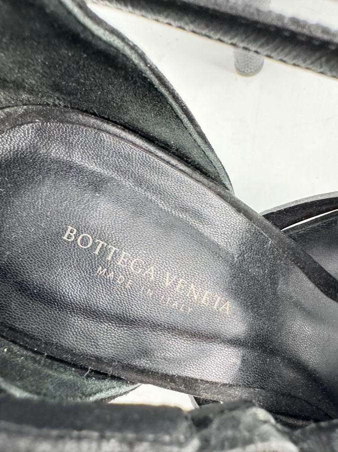 BOTTEGA VENETA Size 40 Black Suede & Embossed Leather Strappy Peep Toe Heels