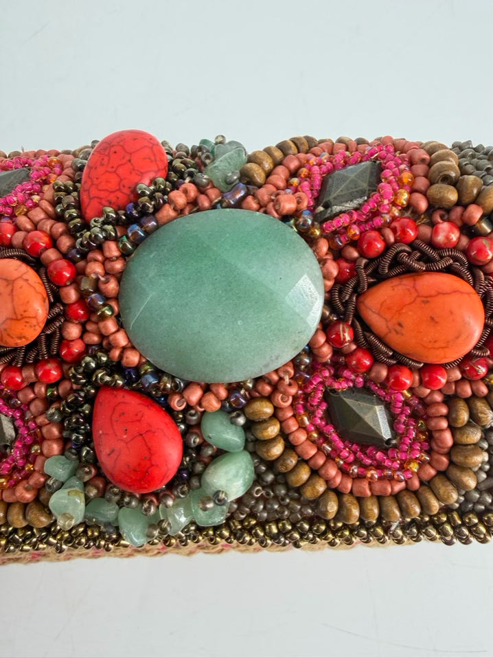 MARY FRANCES Orange, Blue & Pink Fabric & Beads Beaded Clutch Bag NWT