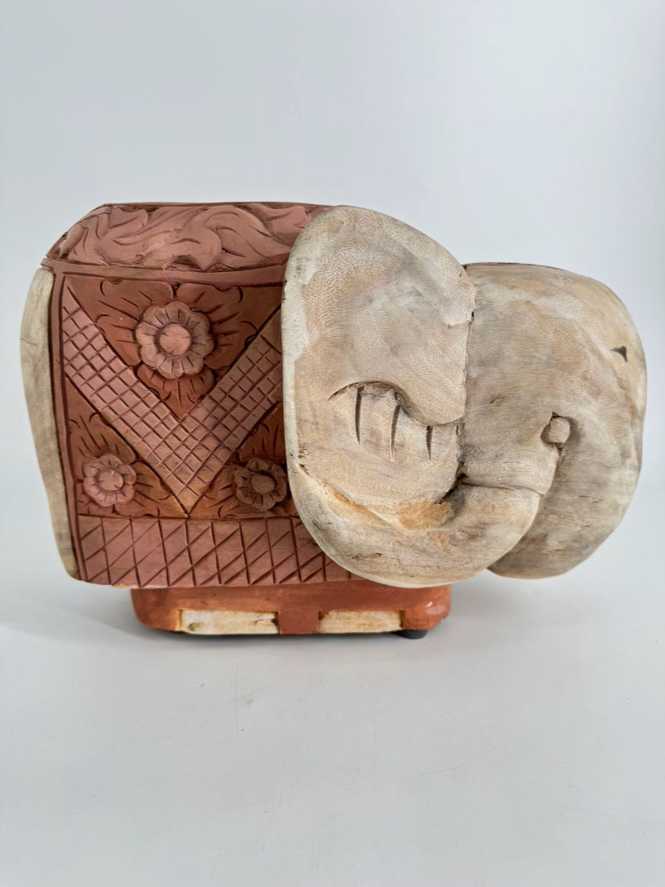 Pink & Cream Carved Wood Elephant Figure