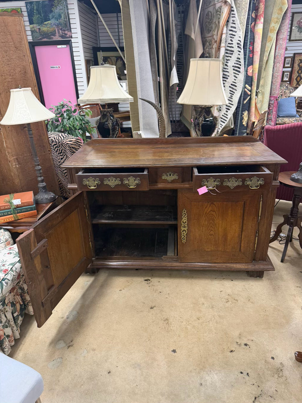 ANTIQUE Medium Dark Oak French Side Board w/ Large Brass Trim