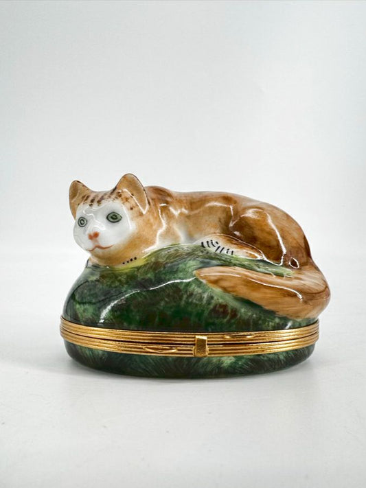 LIMOGES Brown & Green Cat Ceramic Trinket Box