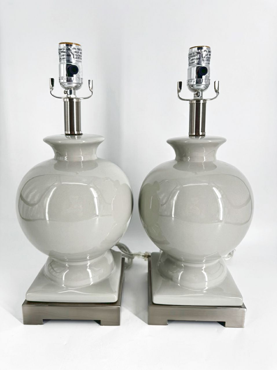 Gray Ginger Jar Pair of Lamps w/ Brushed Silver Bases