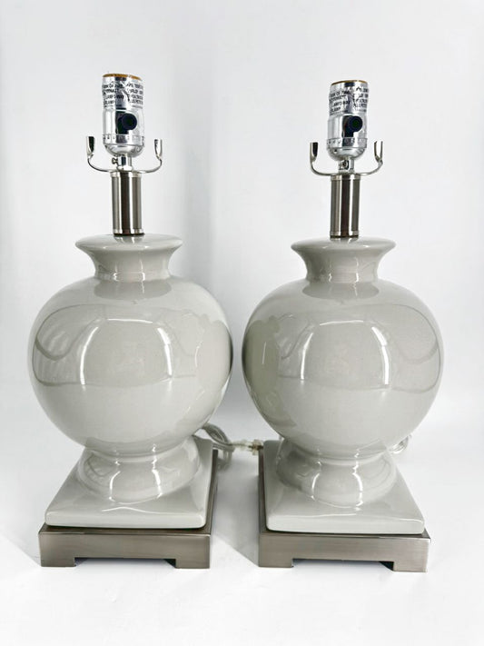 Gray Ginger Jar Pair of Lamps w/ Brushed Silver Bases