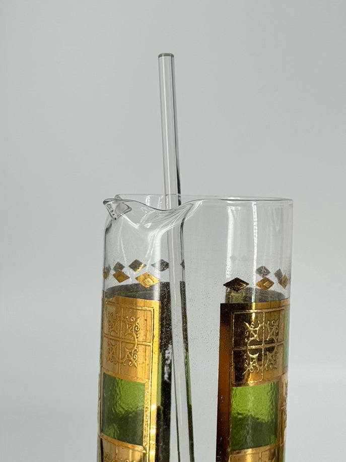 VINTAGE Green & Gold Martini Pitcher w/ 6 Glasses