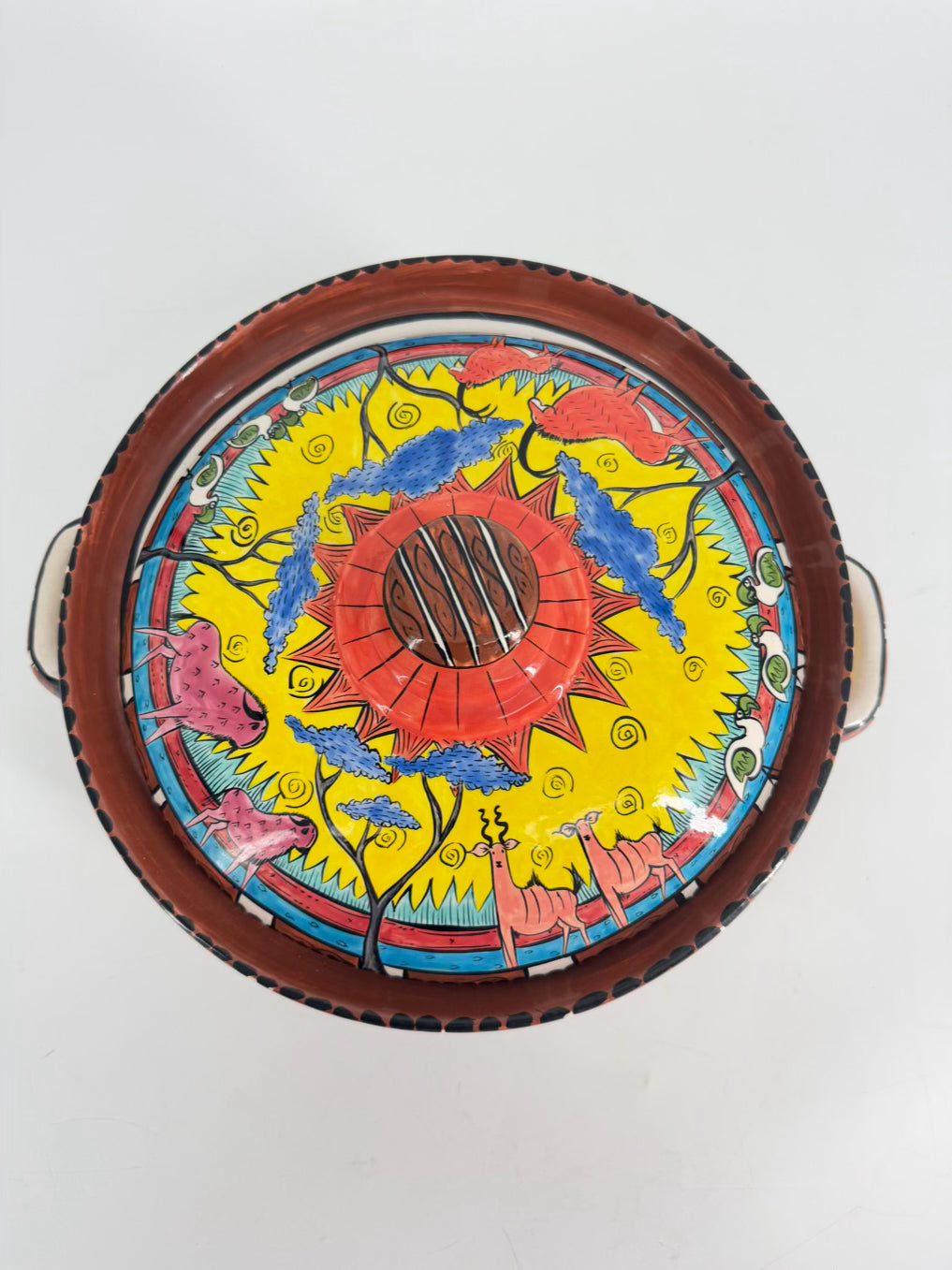 ZIMBABWE Multi Colored Hand Painted Jungle Animals Ceramic Casserole Dish