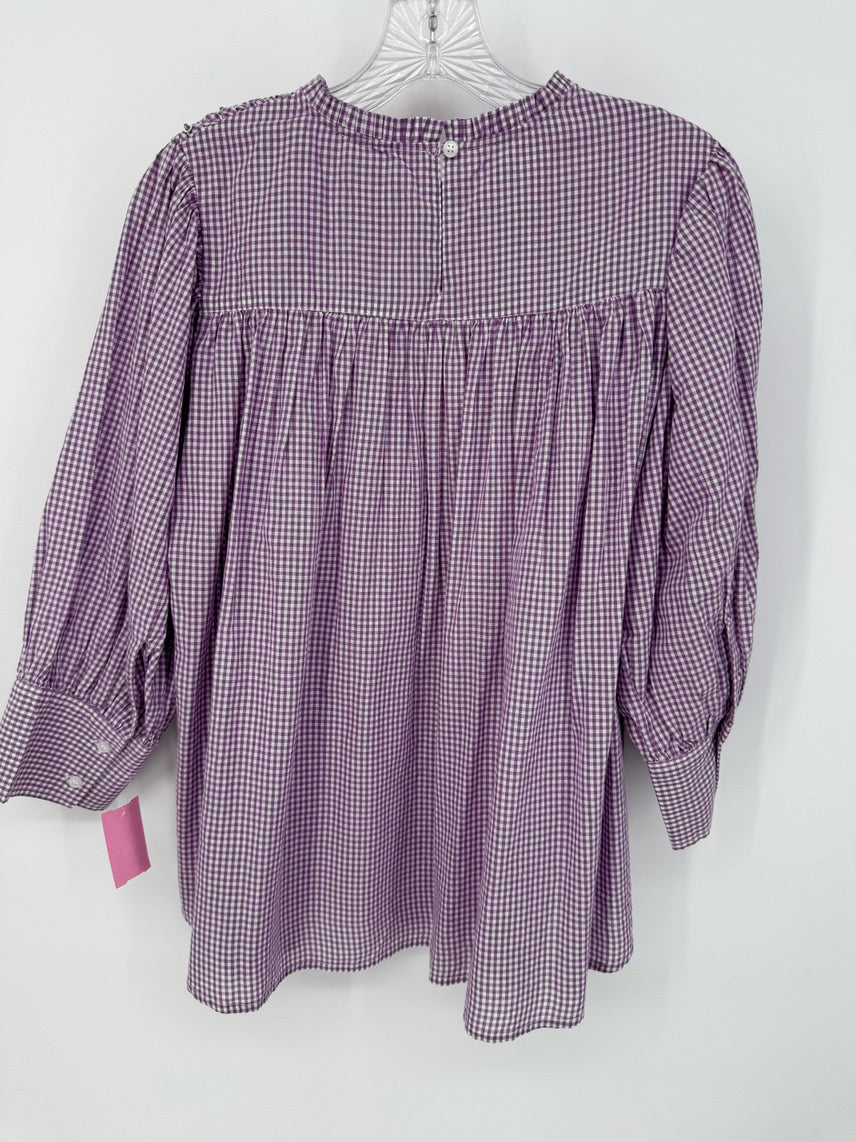 VILAGALLO Size 40 Purple & White Check Beaded Detail Katie Top NWT