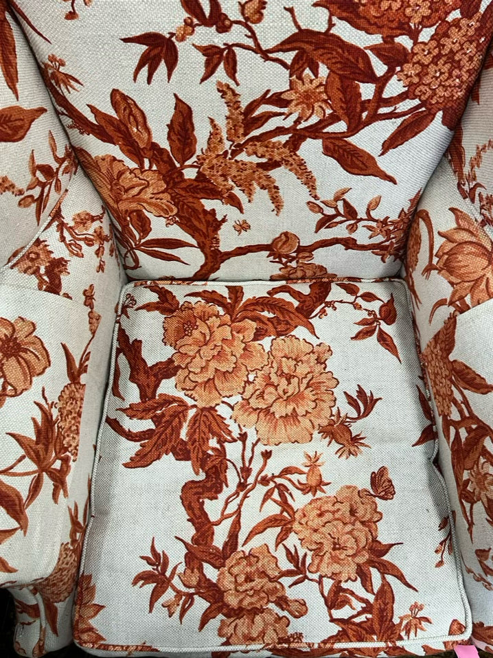VINTAGE  Rust & Cream Floral Wingback Chair w/ 2 Pillows