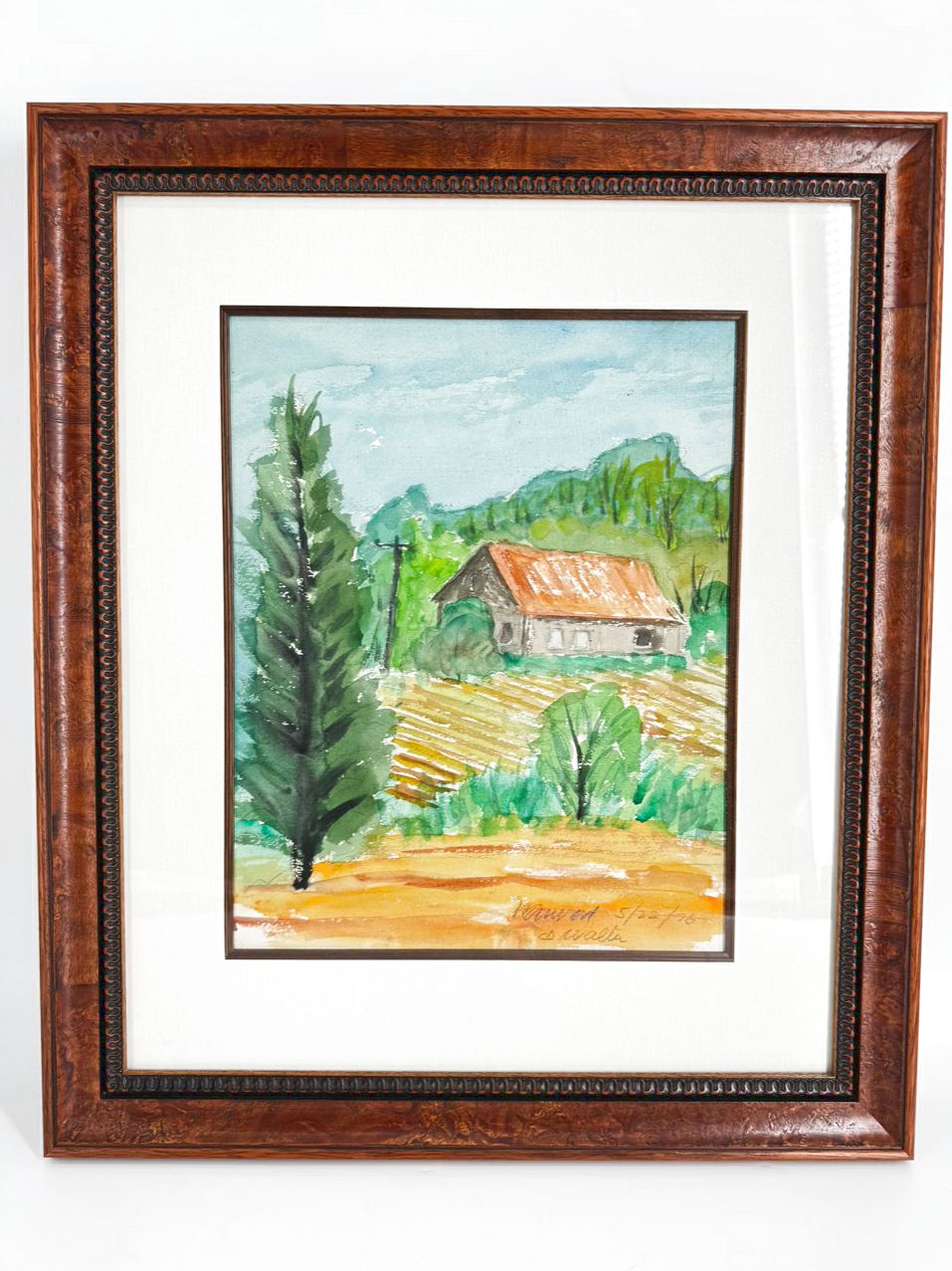 SIGNED Barn w/ Mountain View Watercolor in Burlwood Frame
