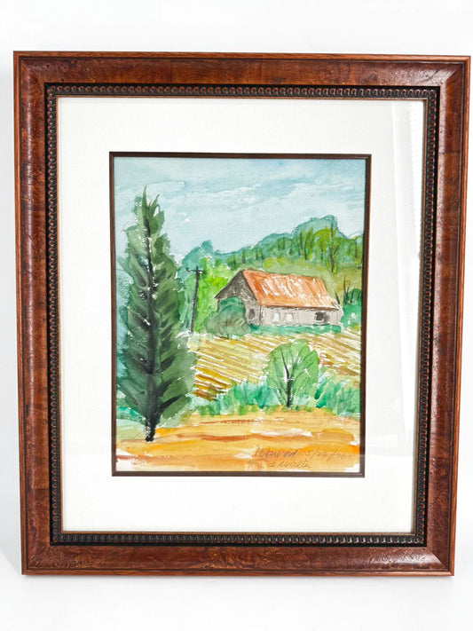 SIGNED Barn w/ Mountain View Watercolor in Burlwood Frame