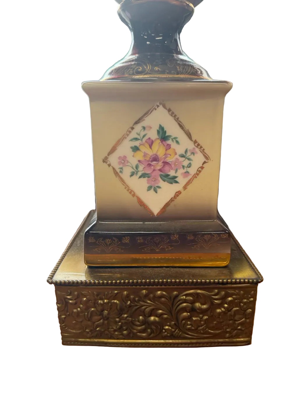 Cream & Gold Hand Painted Porcelain Urn Pair Of Lamps w/ Shades