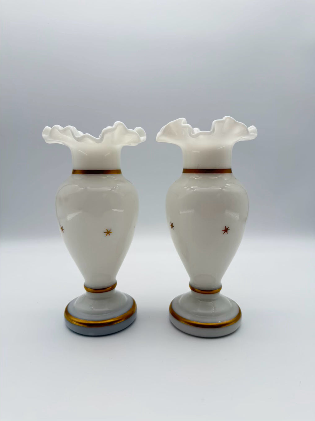 VINTAGE White Opaline Pair Of Vases w/ Ruffled Top & Gold Trim