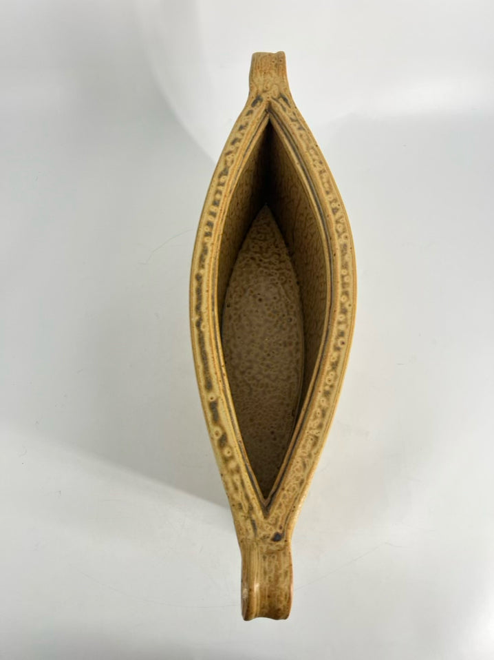 SIGNED Gold & Tan Pottery Vase w/Handles