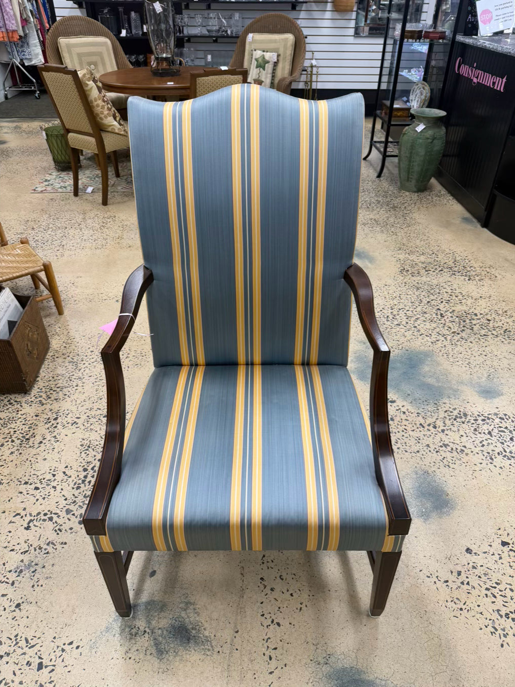 KINDEL MARTHA WASHINGTON Wood Chair w/ Blue & Yellow Stripe Fabric