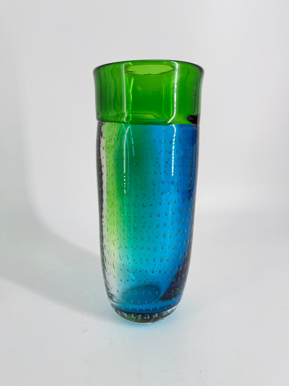 Blue & Green Hand Blown Bubble Glass Cylinder Vase