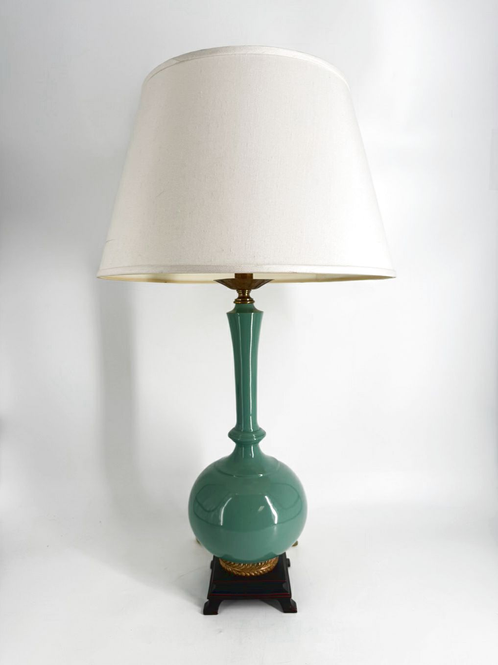 Aqua Lamp w/ Wood & Brass Like Base Detail & Shade