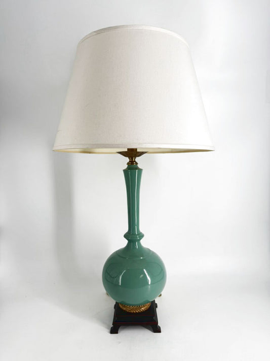 Aqua Lamp w/ Wood & Brass Like Base Detail & Shade