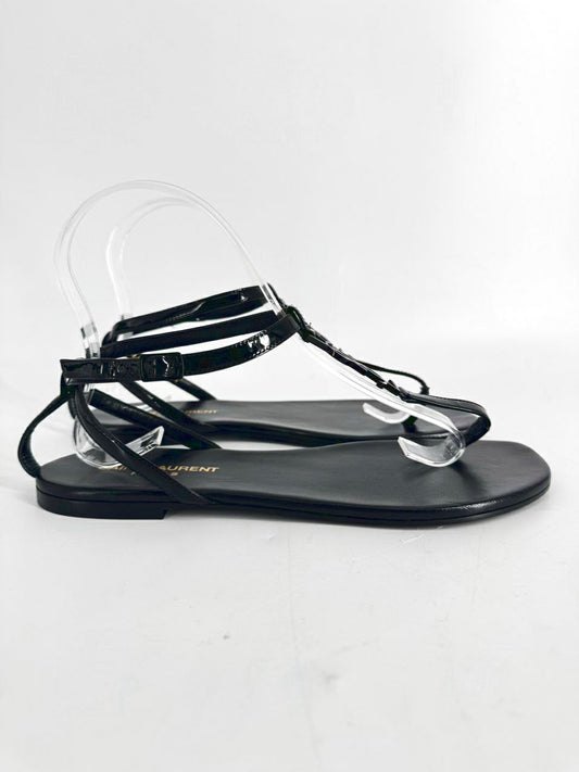 SAINT LAURENT Size 37.5 Black Leather Logo Sandals