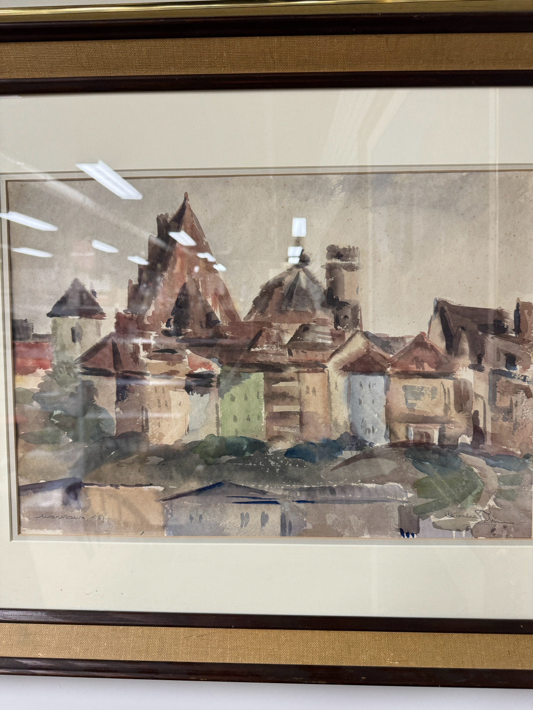 SIGNED Village Scene Watercolor in Wood Frame