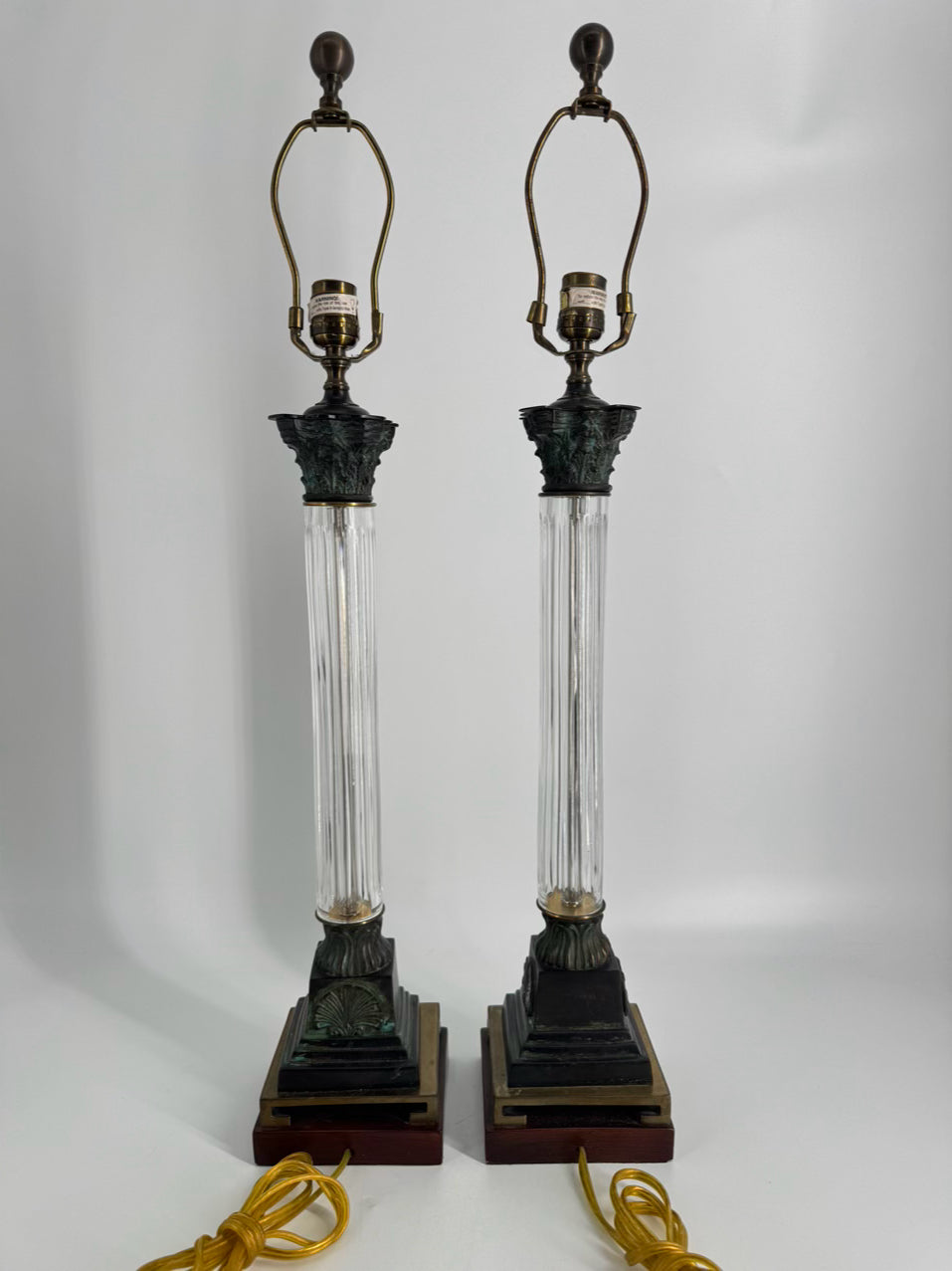 WILDWOOD Brass, Glass & Wood Column Pair of Lamps