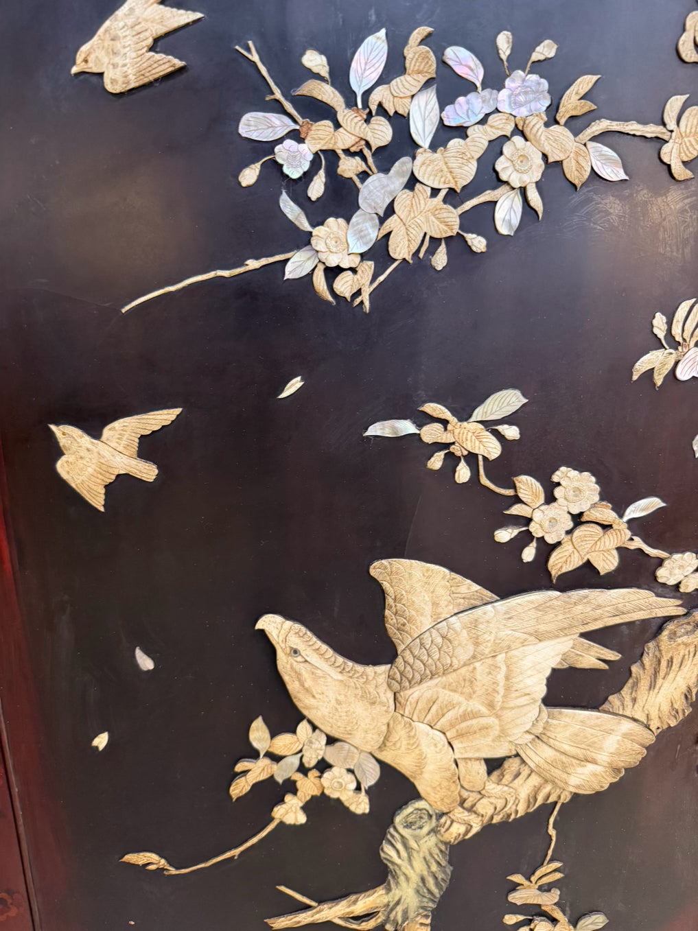 Black & Cream Oriental Carved Birds & Flowers 2 Panel Screen