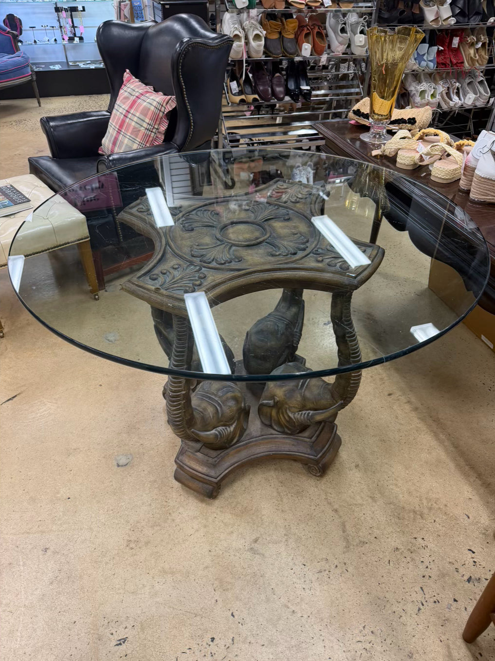 Tan & Clear Resin & Glass Round Elephant Occasional Table