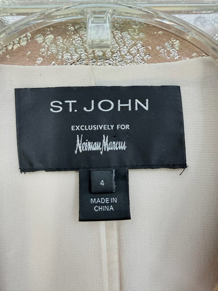 ST JOHN Wmn's Size 4 Beige Silk Lining Snake Print Metallic Belted Jacket