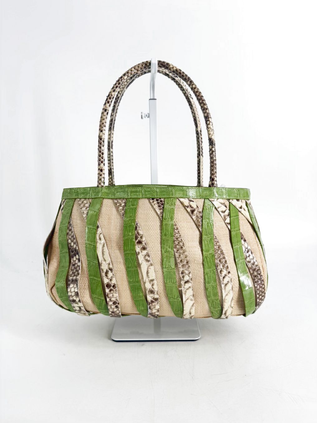 NANCY GONZALEZ Green Exotic Python , Crocodile & Canvas Tote Shoulder Bag