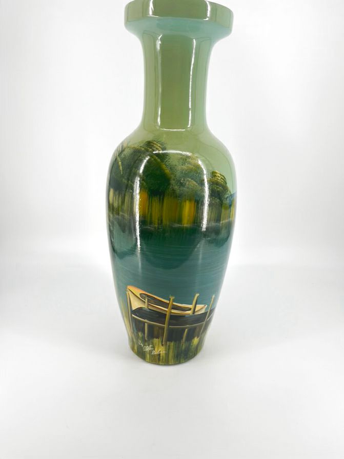 ABBY GELINA Green & Yellow Painted Boat Scene Vase