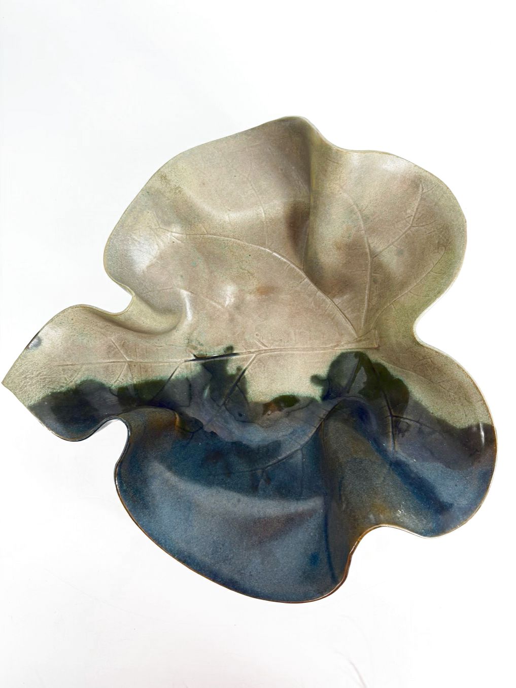 SIGNED Green & Blue Pottery Large Leaf Bowl