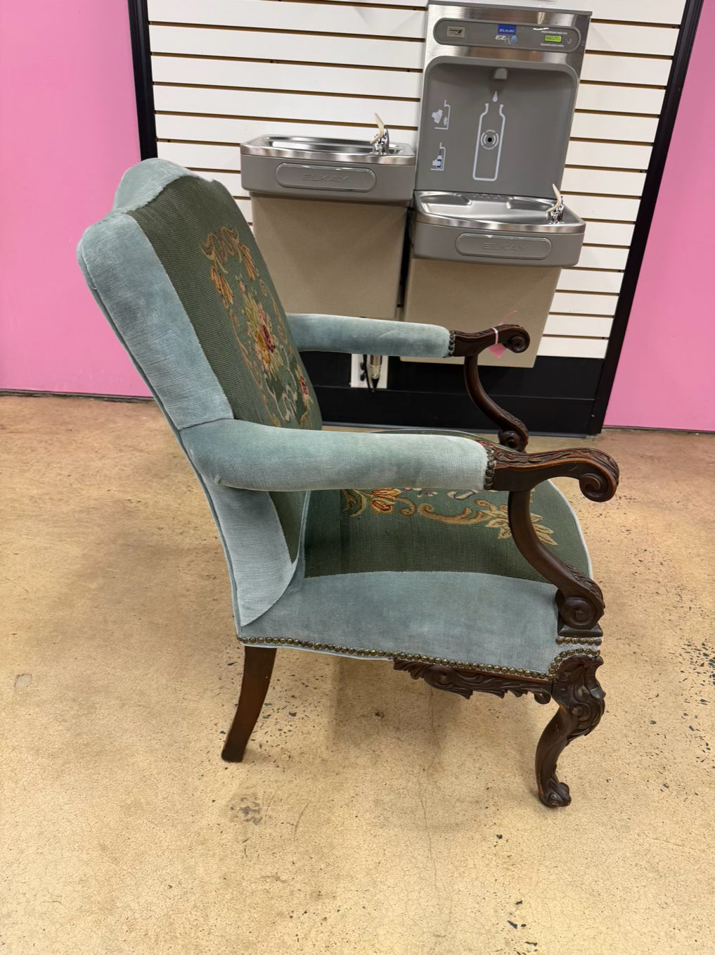 Blue & Pink Wood Queen Ann Chair w/ Needlework